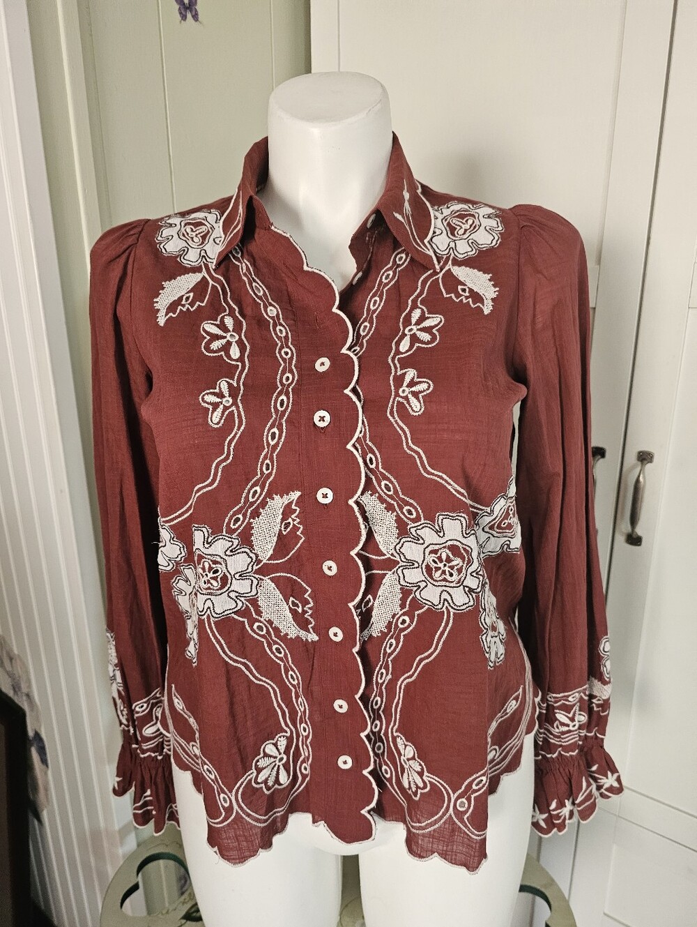 Anthropologie Western Embroidered Button Down Top Burgundy Brown Cowgirl Large